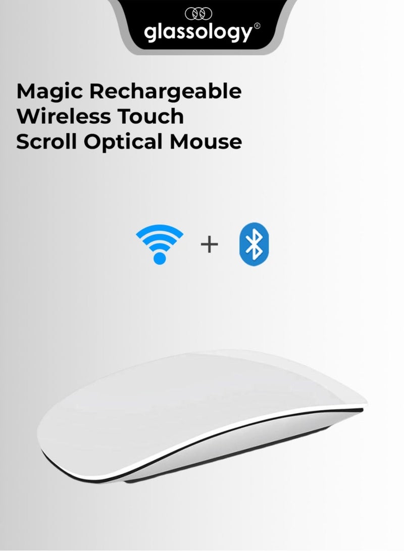 جلاسولوجي Magic Rechargeable Wireless Touch Scroll Optical Mouse Strong Bluetooth 5.1 Connection 1200 DPI Precision Sensor Ambidextrous Design for iPad iMac Desktop & Laptop in Elegant White - Image 1
